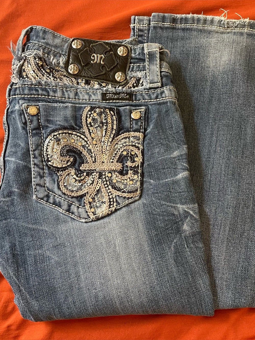 Miss Me Y2K Slim Bootcut Jeans with Embellished Fleur-de-lis Pocket